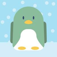 Penguin illustration vector, cute penguin character, green penguin on ice and snowing sky, suitable for kids story character design, and kindergarten posters and social media winter posts and banners vector