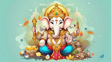 Cute Cartoon Lord Ganesha. Adorned with Charming Ornaments and Exuding Divine Cuteness photo