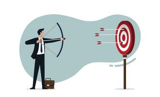 Businessman with bow and arrow try to hit the center bullseye in archery target, accuracy and achievement to reach goal or target, efficiency or perfection with focus to aim vector