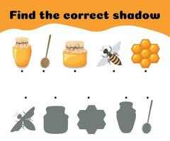 Find the correct shadows of beekeeping elements. Children's educational game. Vector illustration