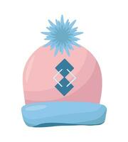 Winter hat with a pattern and pompon. New Year's headdress made of wool for cold weather. Isolated on white background. Vector illustration