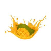 Vector illustration, ripe mango fruit with splashes of juice, isolated on white background.