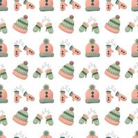 Seamless winter pattern with a hat and mittens on a white background.Use for paper, banner, cards, poster, fabric Vector illustration.Web