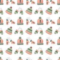 Seamless winter pattern with a hat and mittens on a white background.Use for paper, banner, cards, poster, fabric Vector illustration.Web