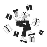 African american birthday girl receiving gifts black and white 2D line cartoon character. Birthday woman black isolated vector outline person. Black friday weekend monochromatic flat spot illustration