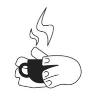 Holding coffee cup cartoon hands outline illustration. Mug beverage. Cup of tea breakfast 2D isolated black and white vector image. Break time. Holding coffee mug flat monochromatic drawing clip art