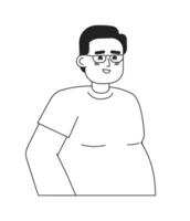 Overweight man eyeglasses happy black and white 2D cartoon character. Caucasian plus size male smiling isolated vector outline person. Body positive guy eyewear monochromatic flat spot illustration