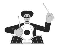 Sunglasses drummer artist holding drumsticks black and white 2D line cartoon character. Drums playing african american man rockstar isolated vector outline person. Monochromatic flat spot illustration