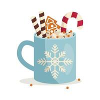 Christmas mug with hot drink. Marshmallow, chocolate chips, gingerbread, wafer rolls, lollipop. Vector graphic.Web