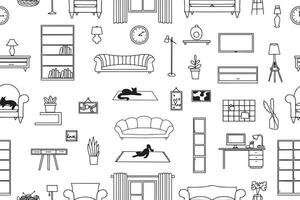Seamless pattern of furniture, lamps, interior items. Modern vector illustration for banner, web page, print media.