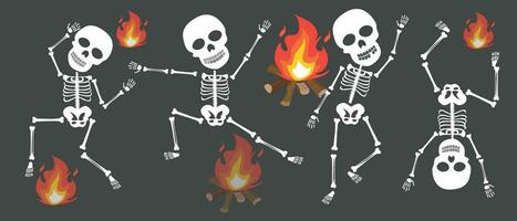 Dancing human skeletons vector set. Different skeleton poses set isolated on dark background vector illustration. Halloween concept. Flat vector in cartoon style isolated on dark background.