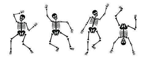 Dancing human skeletons vector set. Different skeleton poses set isolated on dark background vector illustration. Halloween concept. Flat vector in cartoon style isolated on dark background.
