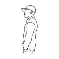 Standing man with wearing cap. Outline drawing on white. vector