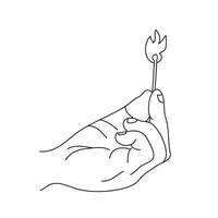 Hand holds a match. Outline drawing on white. Burning match stick on hand. vector