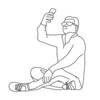 Men taking selfie outline drawing on white. vector