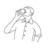 Man drinking. Drawing outline on white background. vector