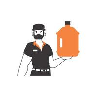 Water delivery concept. Loader with a large bottle of water in his hands. Linear modern style. vector