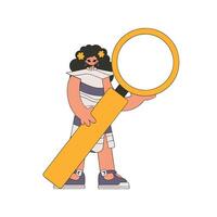 The girl is holding a magnifying glass. Search for the necessary information on the Internet. Linear retro style character. vector