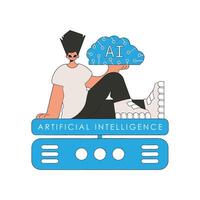 Vector illustration of man holding an artificial intelligence brain.