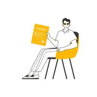 The guy is holding a contract in his hands. Minimalistic linear style. Isolated. Vector illustration.