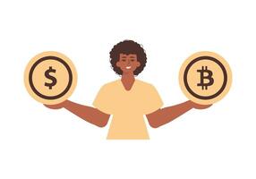 A man holds a bitcoin and a dollar in the form of coins in his hands. Character in trendy style. vector