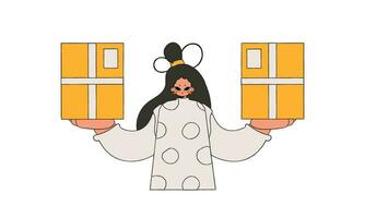 Lovely woman holding boxes in her hands. Parcel and cargo transportation. vector