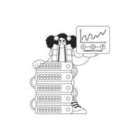Girl and cloud storage server connected to the internet of things, depicted in a linear pattern vector