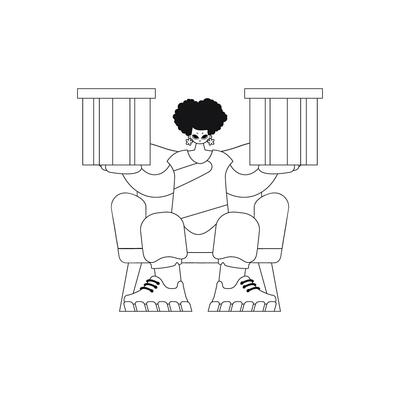 Girl holds box in hands. Delivering parcel. Simple linear style. Vector art.