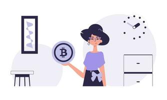 el concepto de minería y extracción de bitcoin un mujer sostiene un bitcoin en su manos. personaje en moderno de moda estilo. vector