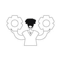 He clutches cogs in his palms. Line artwork. illustration. vector