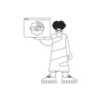 A cartoon man holding a computer with a face on it vector