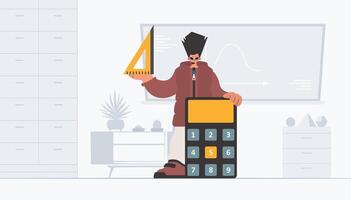 The person is holding a ruler and a calculator, learning subject. Trendy style, Vector Illustration