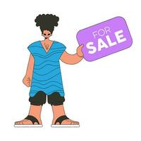 The boy is holding a poster for sale in his hands. Trendy bright style. vector