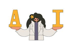 Vector illustration featuring a woman holding the letters 'A' and 'I', signifying Artificial Intelligence.