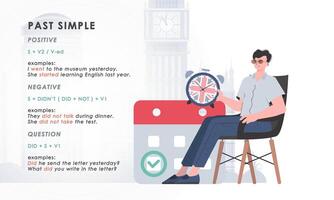 Past simple. Rule for the study of tenses in English. The concept of teaching English. Trend character style. Illustration in . vector
