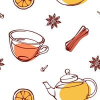 Tea and winter spices seamless pattern. Hand drawn line glass teapot, cup, cinnamon, anise and orange slices on white background. Modern endless print design for wrapping and textile. vector