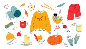 Autumn warm clothes and cozy home objects set on white background. Modern colorful flat style with doodle hand drawn elements. Sweater, scarf, gloves, blanket, hot, chocolate, noodle, soup, candles. vector