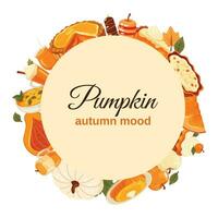 Autumn pumpkin set in a round frame. Autumn mood. Vector illustrated element.