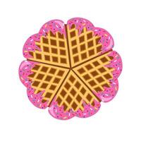 Waffles in the shape of a heart with strawberries pink glaze isolated on white background. vector