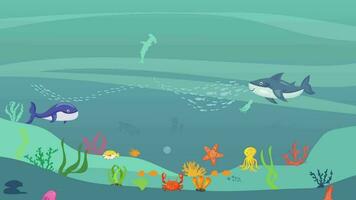 submarino dibujos animados con pez, algas marinas, coral, mar caballo. Oceano mar vida. video