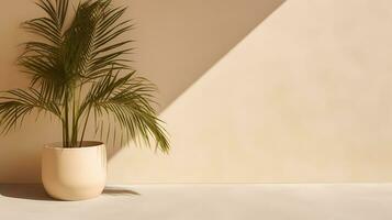 Blank beige wall with shadows of palm leaves and dappled sunlight. Minimal background for product display or product presentation. AI Generative photo