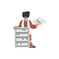 The boy is holding a information cloud and a server. Restricted. Trendy style, Vector Illustration