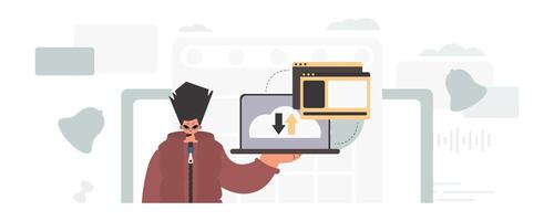 The person is holding a tablet, which is synchronized with the information capacity. Trendy style, Vector Illustration