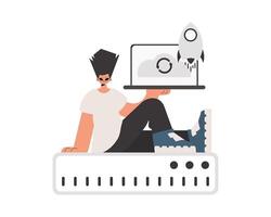 A man sitting on top of a server with a laptop vector