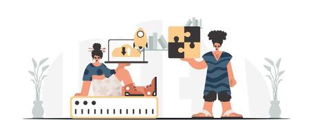 Two people are working on a computer together vector