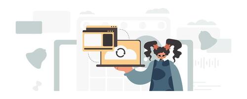 A woman holding a laptop with a file on it vector