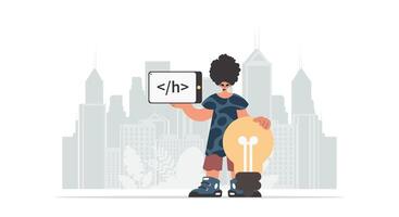 The individual is holding a browser window with a programming picture, and to boot standing near a colossal light bulb. Trendy style, Vector Illustration