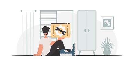 Man sitting on floor holding a box with a wrench vector