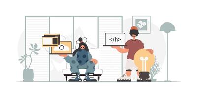 Two people are working on laptops and one is holding a laptop vector