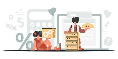 A man and woman are sitting next to a desk with a computer and a phone vector
